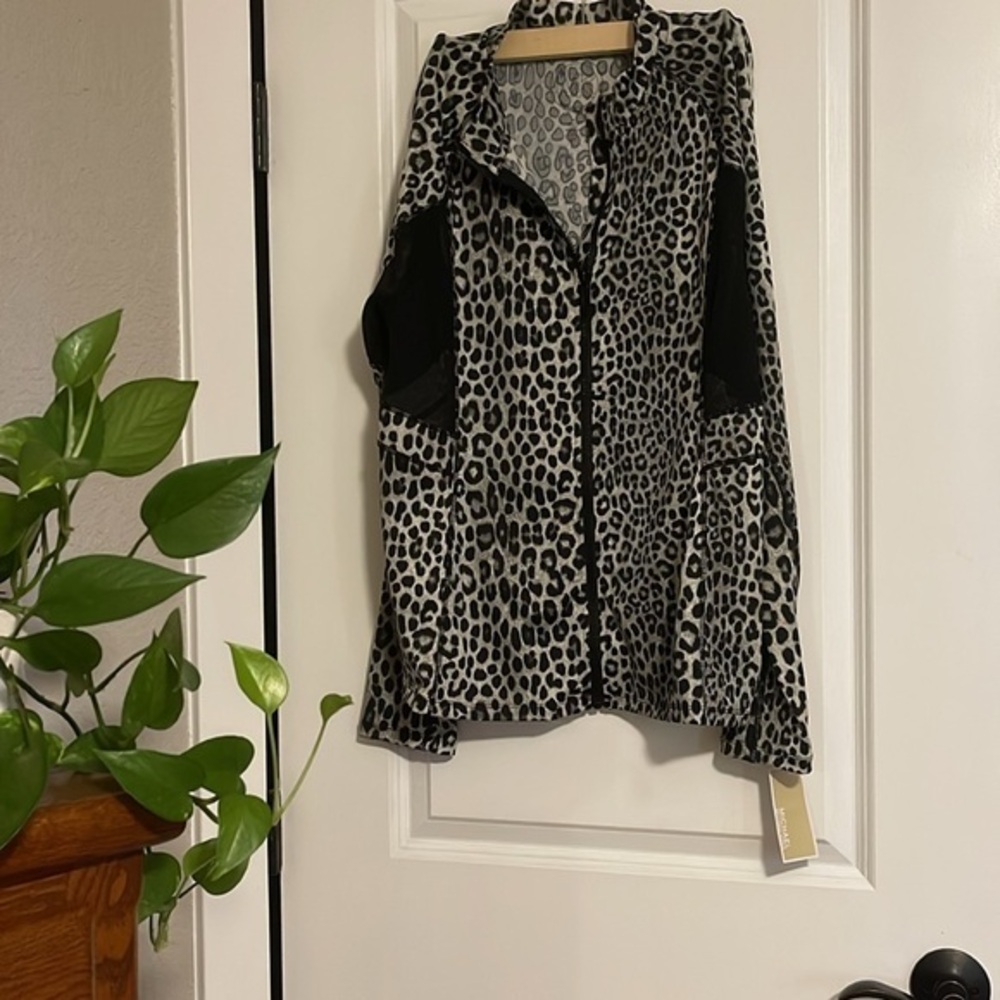KORS Michael Kors Gray and Black Leopard Print Bomber Jacket